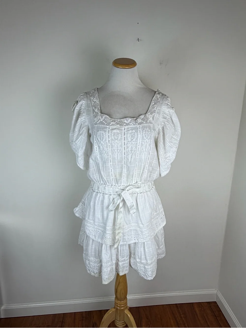 LOVESHACKFANCY Dorothy Dress White Lace Embroidered Bows Size M